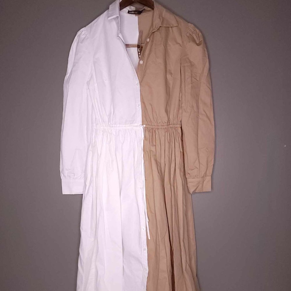 INA Women's Small Long Sleeves Drawstring Color Patchwork Casual Shirt Dress NEW